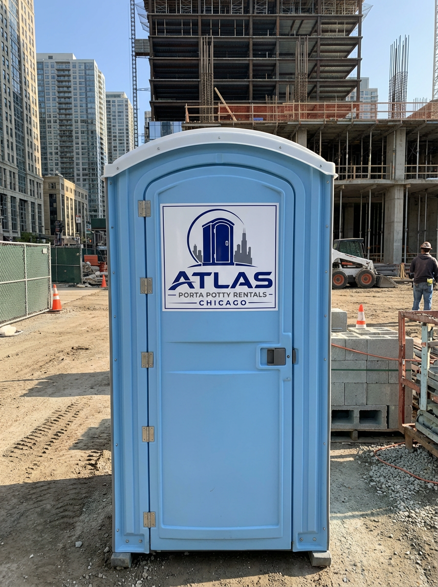 Atlas branded portable toilet on a job site